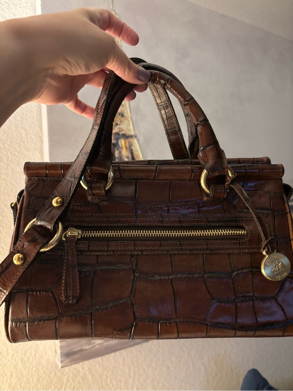 Vintage Brahmin Brown Croc-Embossed Small Satchel Handbag EUC